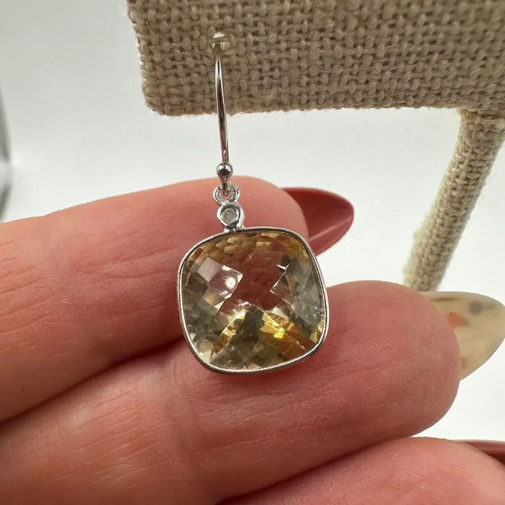 7.11cts faceted checkerboard cushion cut citrine on 925‎ dangle earrings!